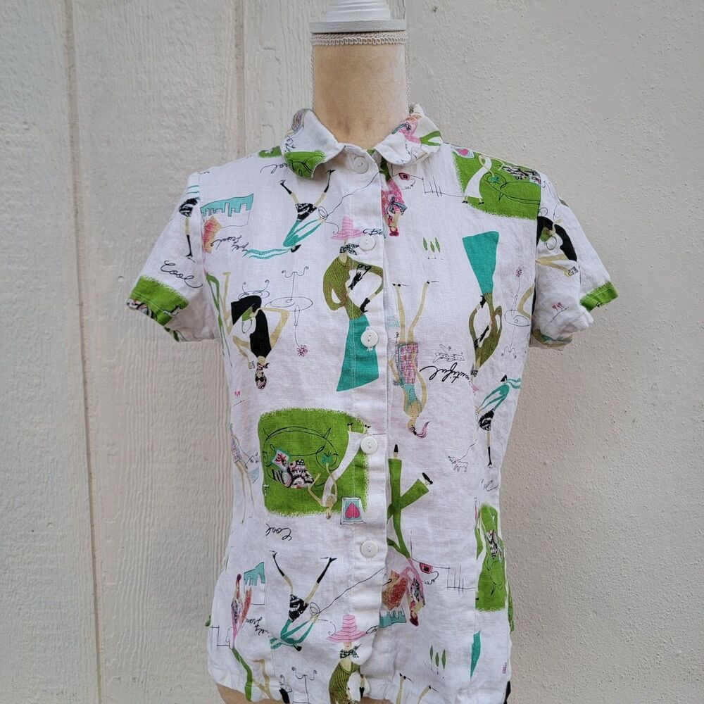 Artsy Linen Button Up Nanette Keller Collared Lagenlook Novelty Print Top Small